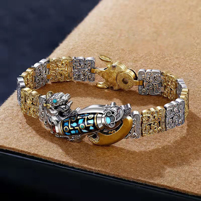 Herren Pixiu Dzi Perlen Armband — Tibetanischer Stil zweifarbig Silber Gold Wohlstand Schutz Feng Shui Schmuck