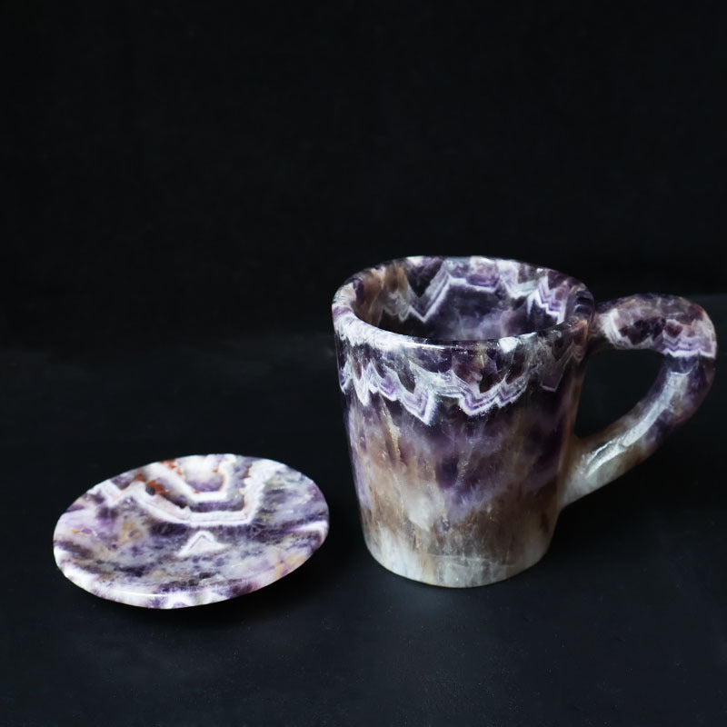 Natural Chevron Amethyst Crystal Mug with Coaster — Hand Carved Healing Stone Tea Cup for Spiritual Home Decor
