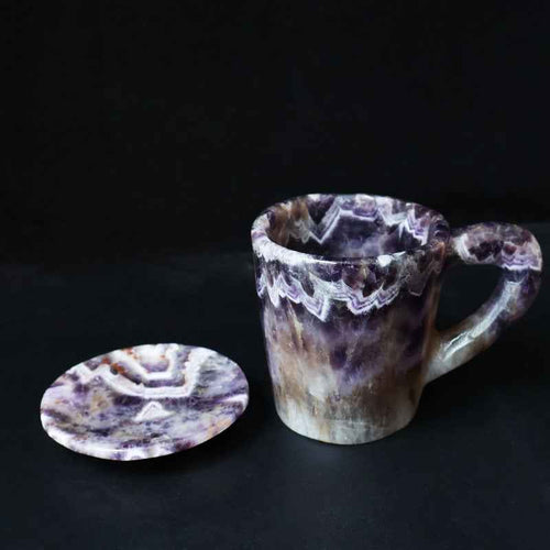 Chevron Amethyst Crystal Mug with Coaster - Hand Carved Healing Tea Cup for Serenity and Spiritual Decor
