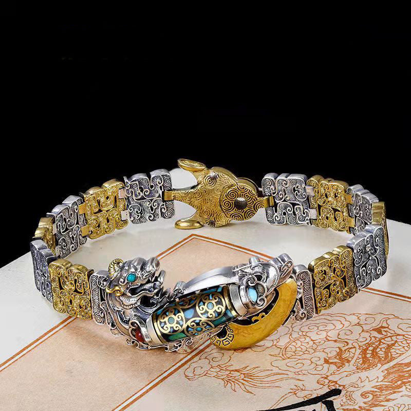 Herren Pixiu Dzi Perlen Armband — Tibetanischer Stil zweifarbig Silber Gold Wohlstand Schutz Feng Shui Schmuck