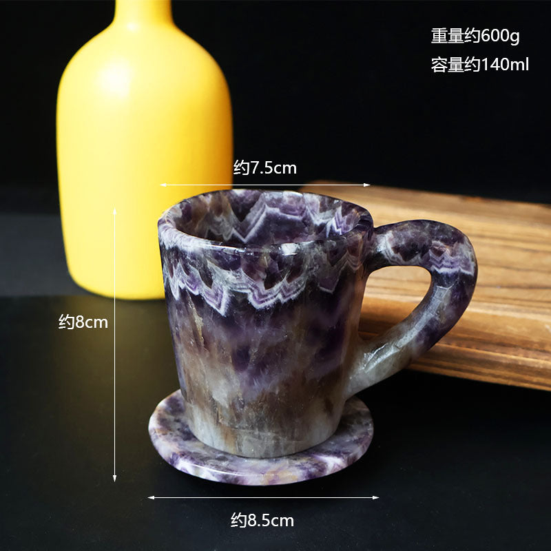 Natural Chevron Amethyst Crystal Mug with Coaster — Hand Carved Healing Stone Tea Cup for Spiritual Home Decor