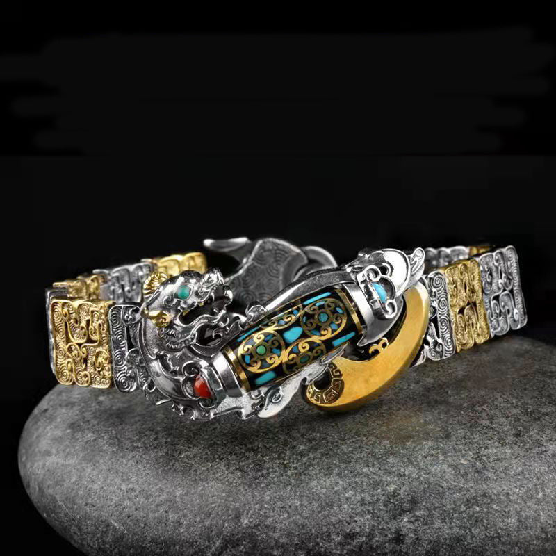Herren Pixiu Dzi Perlen Armband — Tibetanischer Stil zweifarbig Silber Gold Wohlstand Schutz Feng Shui Schmuck