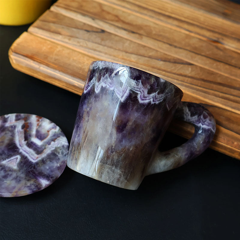 Natural Chevron Amethyst Crystal Mug with Coaster — Hand Carved Healing Stone Tea Cup for Spiritual Home Decor