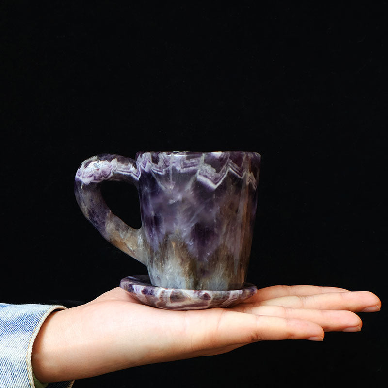 Natural Chevron Amethyst Crystal Mug with Coaster — Hand Carved Healing Stone Tea Cup for Spiritual Home Decor