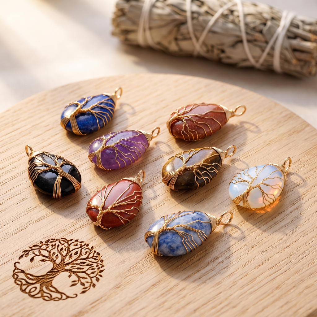 Tree of Life Crystal Necklace — Natural Healing Stone Pendant, Spiritual Gift for Her