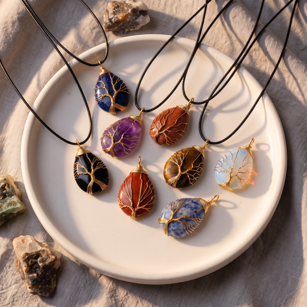 Tree of Life Crystal Necklace — Natural Healing Stone Pendant, Spiritual Gift for Her