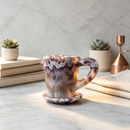 Natural Chevron Amethyst Crystal Mug with Coaster — Hand Carved Healing Stone Tea Cup for Spiritual Home Decor