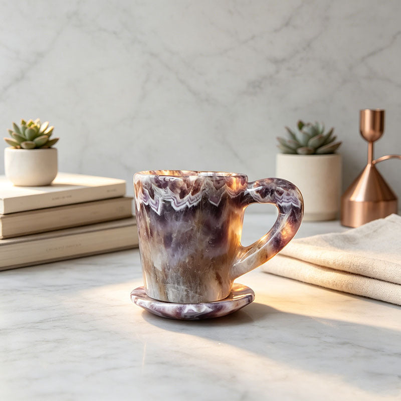 Natural Chevron Amethyst Crystal Mug with Coaster — Hand Carved Healing Stone Tea Cup for Spiritual Home Decor