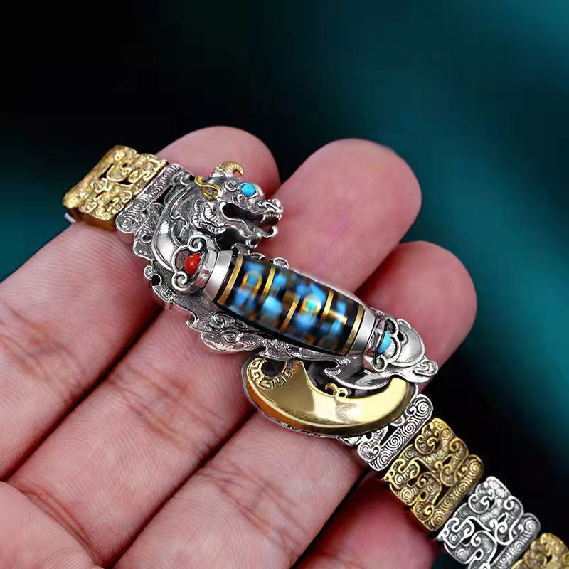 Herren Pixiu Dzi Perlen Armband — Tibetanischer Stil zweifarbig Silber Gold Wohlstand Schutz Feng Shui Schmuck