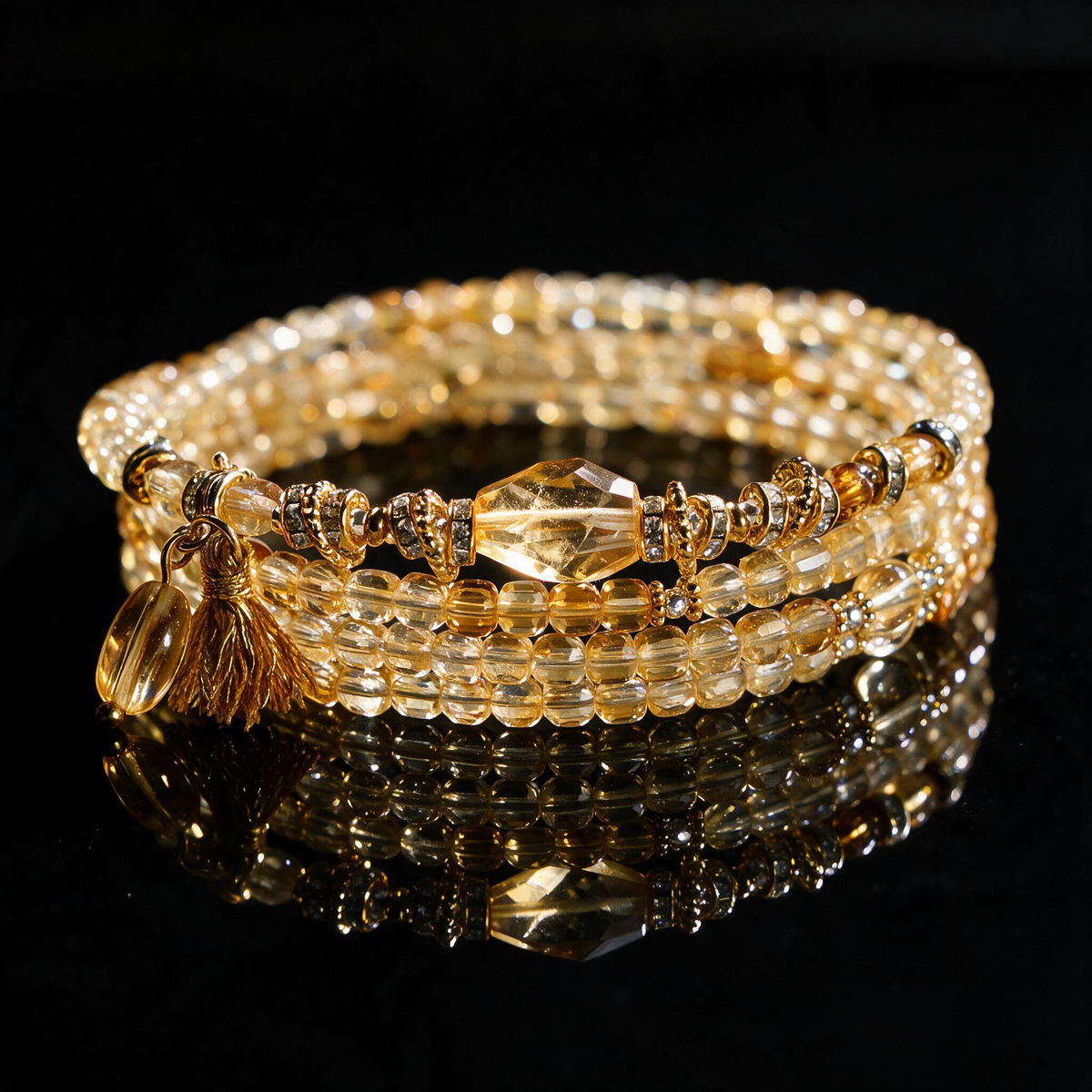 Citrine Crystal Layered Bracelet — Gold Heart Charm & Natural Stone Healing Jewelry