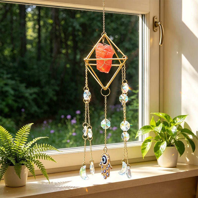 Crystal Suncatcher Rainbow Maker — Hamsa Charm Boho Window Hanging, Spiritual Home Decor Gift