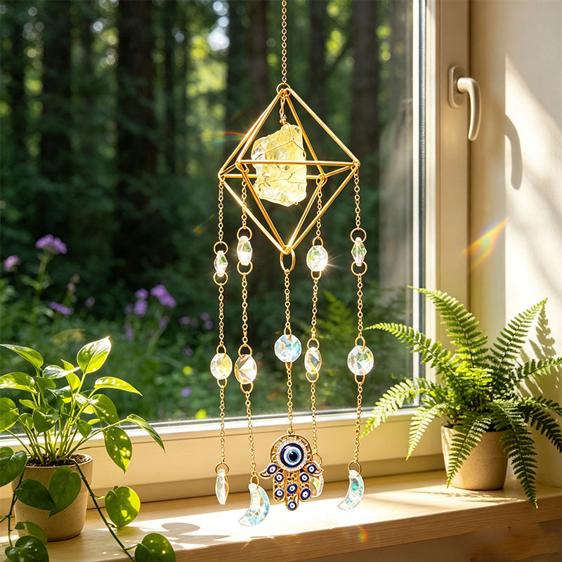 Crystal Suncatcher Rainbow Maker — Hamsa Charm Boho Window Hanging, Spiritual Home Decor Gift