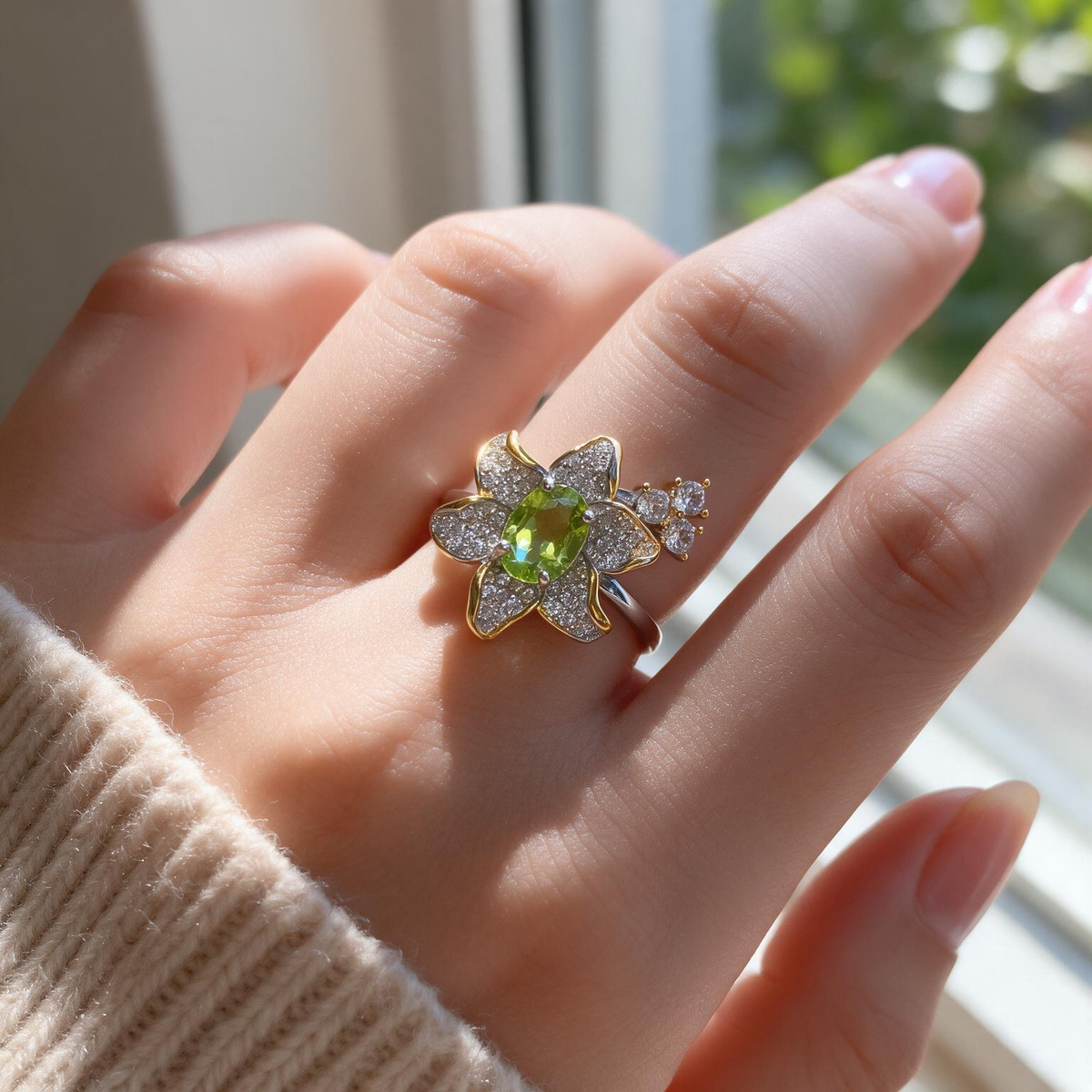 Oval Cut Birthstone Ring - Silver Flower Shaped Natural Crystal Jewelry