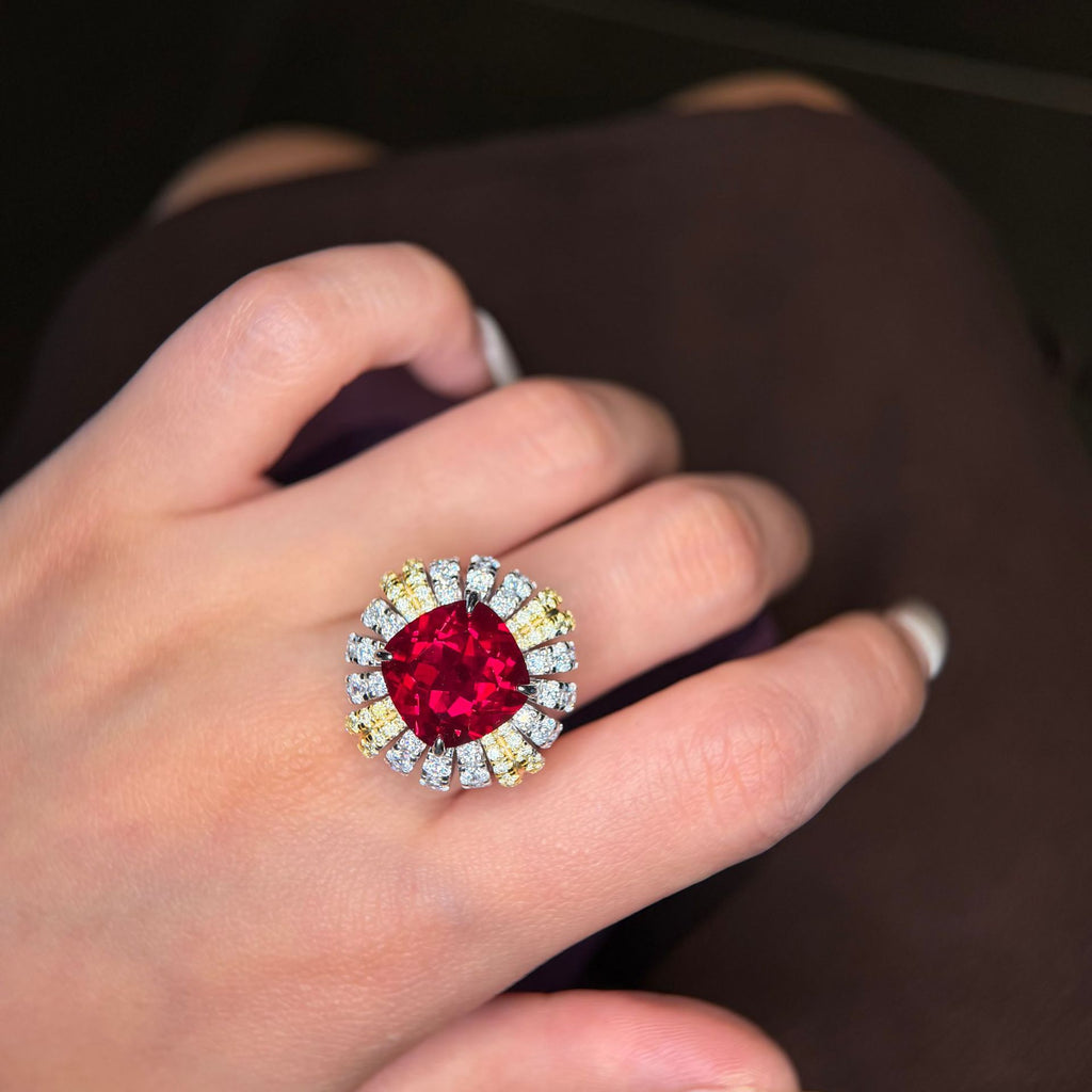 Vintage Art Deco Ruby Ring | Two-Tone Gold & Silver | 10-Carat Cushion Cut Gemstone