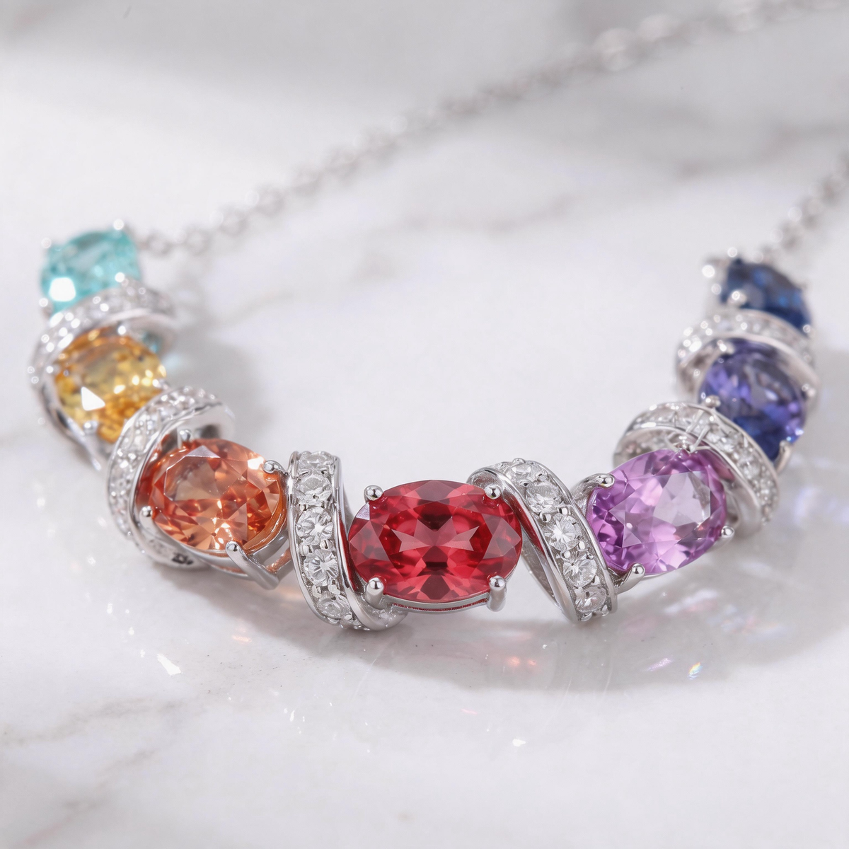 Rainbow Natural Sapphire Oval Cut Pendant Necklace | Multicolor Gradient Moissanite Sterling Silver Gift