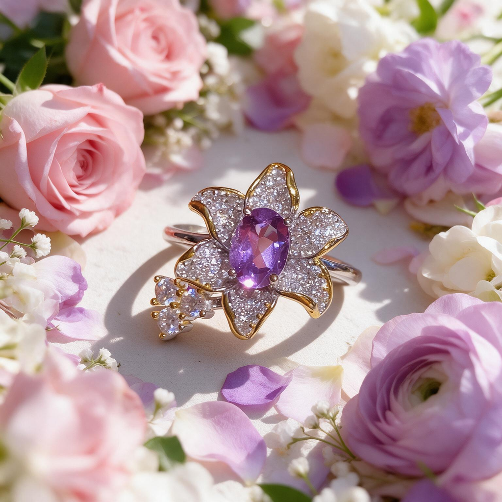 Oval Cut Birthstone Ring - Silver Flower Shaped Natural Crystal Jewelry