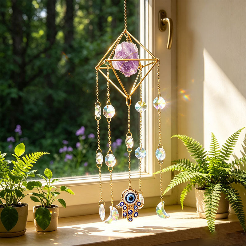 Crystal Suncatcher Rainbow Maker — Hamsa Charm Boho Window Hanging, Spiritual Home Decor Gift