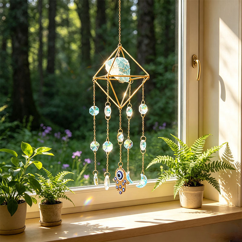 Crystal Suncatcher Rainbow Maker — Hamsa Charm Boho Window Hanging, Spiritual Home Decor Gift