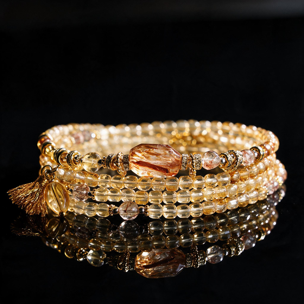 Citrine Crystal Layered Bracelet — Gold Heart Charm & Natural Stone Healing Jewelry