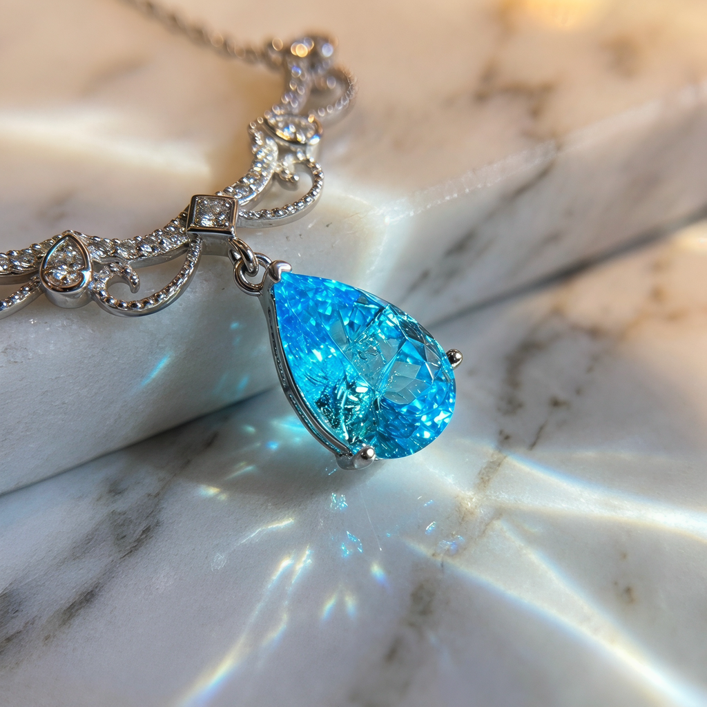 925 Sterling Silver Paraiba Teardrop Necklace - Elegant Edwardian Vintage Style