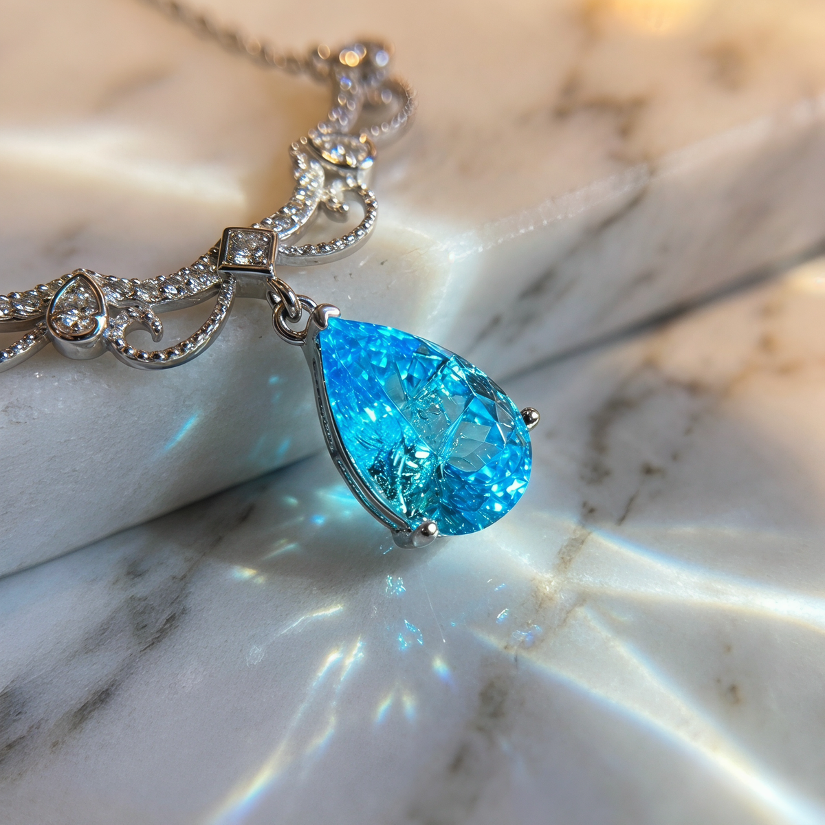 925 Sterling Silver Paraiba Teardrop Necklace - Elegant Edwardian Vintage Style