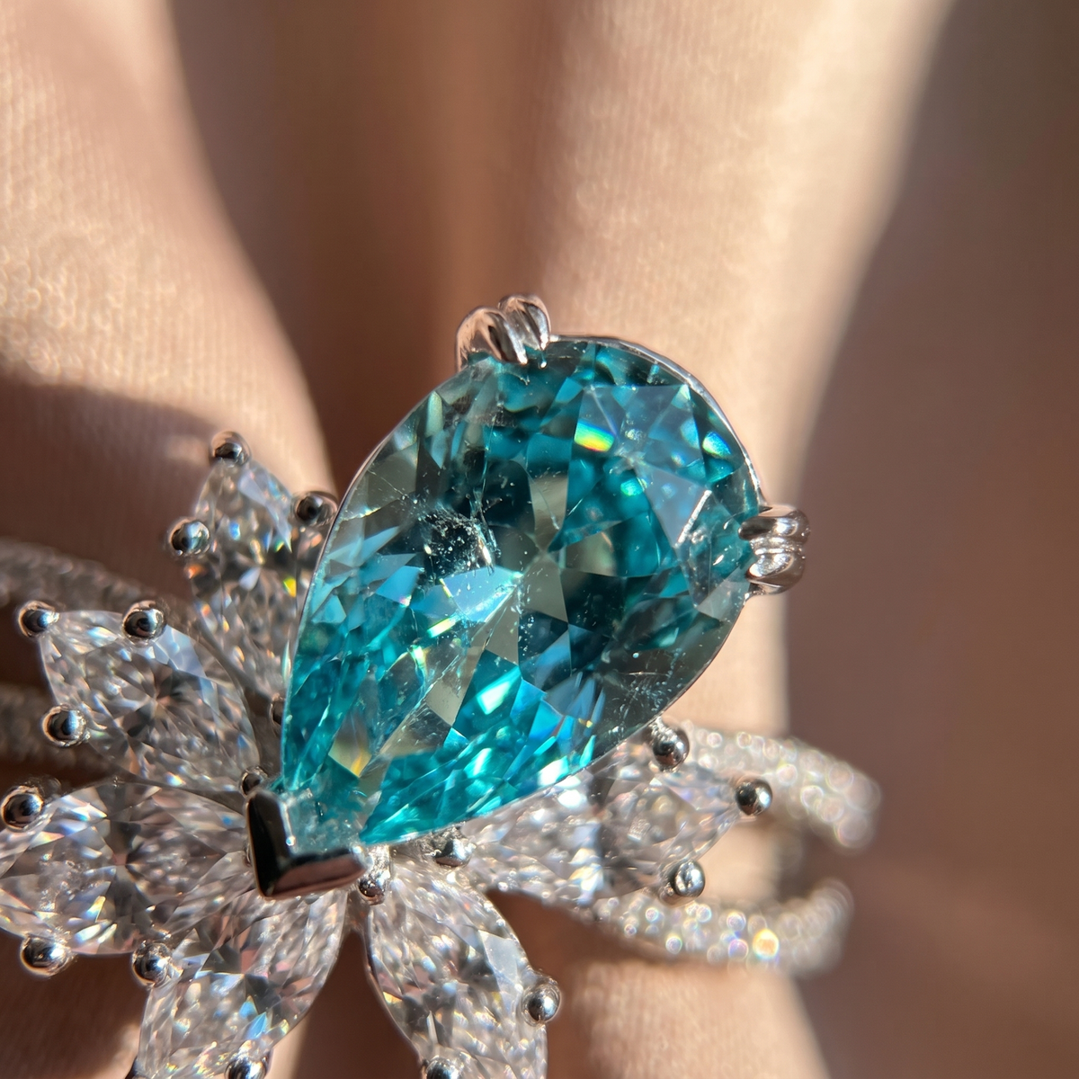 Sterling Silver Floral Vintage Ring with Pear-Cut Tourmaline Gemstone