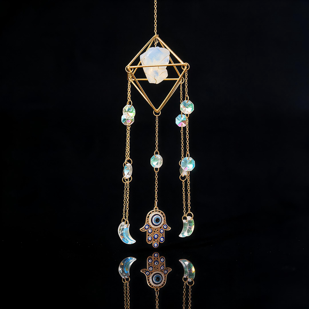 Crystal Suncatcher Rainbow Maker — Hamsa Charm Boho Window Hanging, Spiritual Home Decor Gift