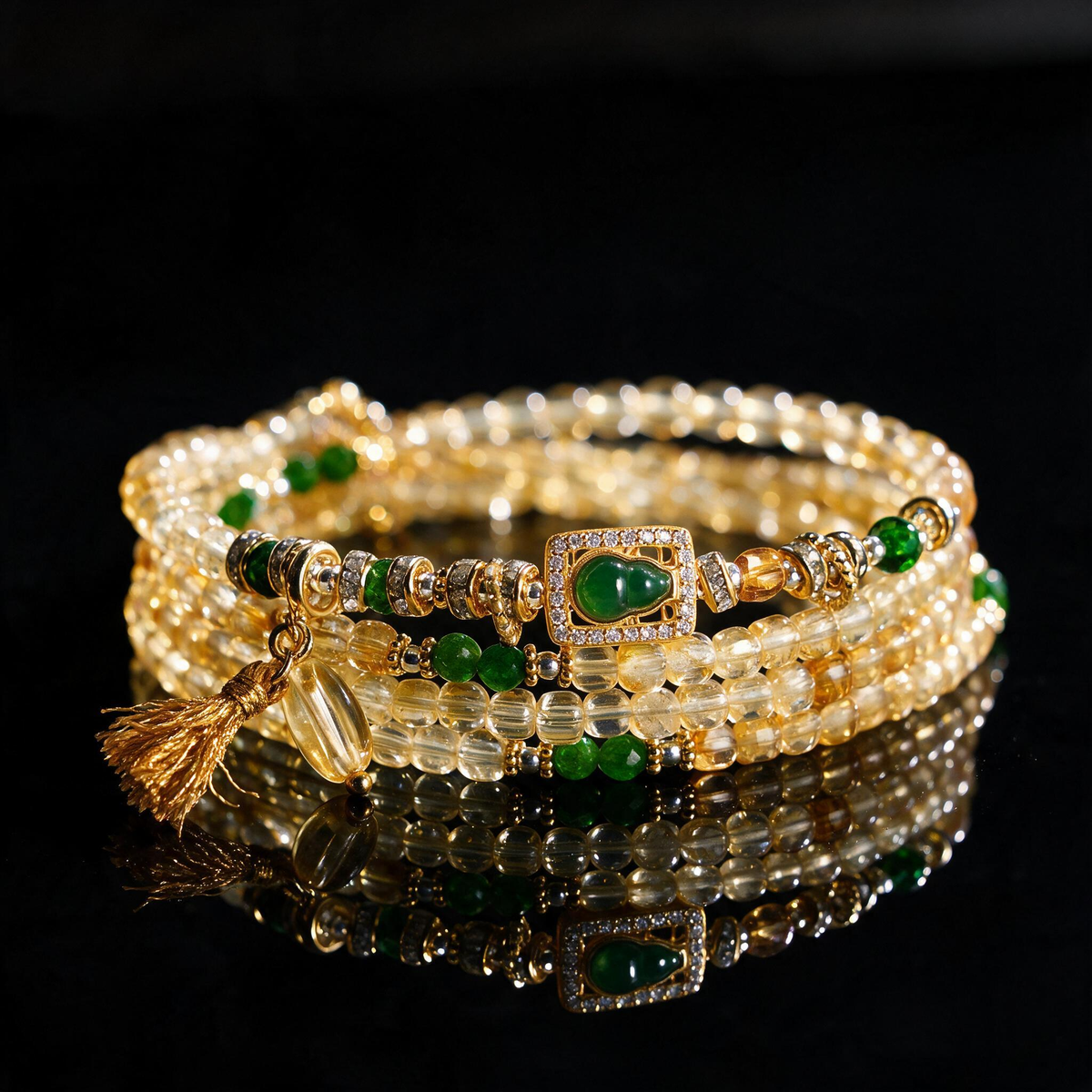 Citrine Crystal Layered Bracelet — Gold Heart Charm & Natural Stone Healing Jewelry