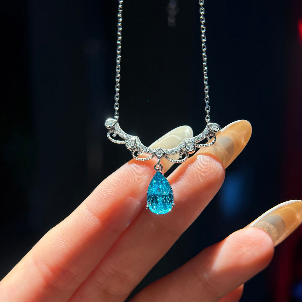 925 Sterling Silver Paraiba Teardrop Necklace - Elegant Edwardian Vintage Style