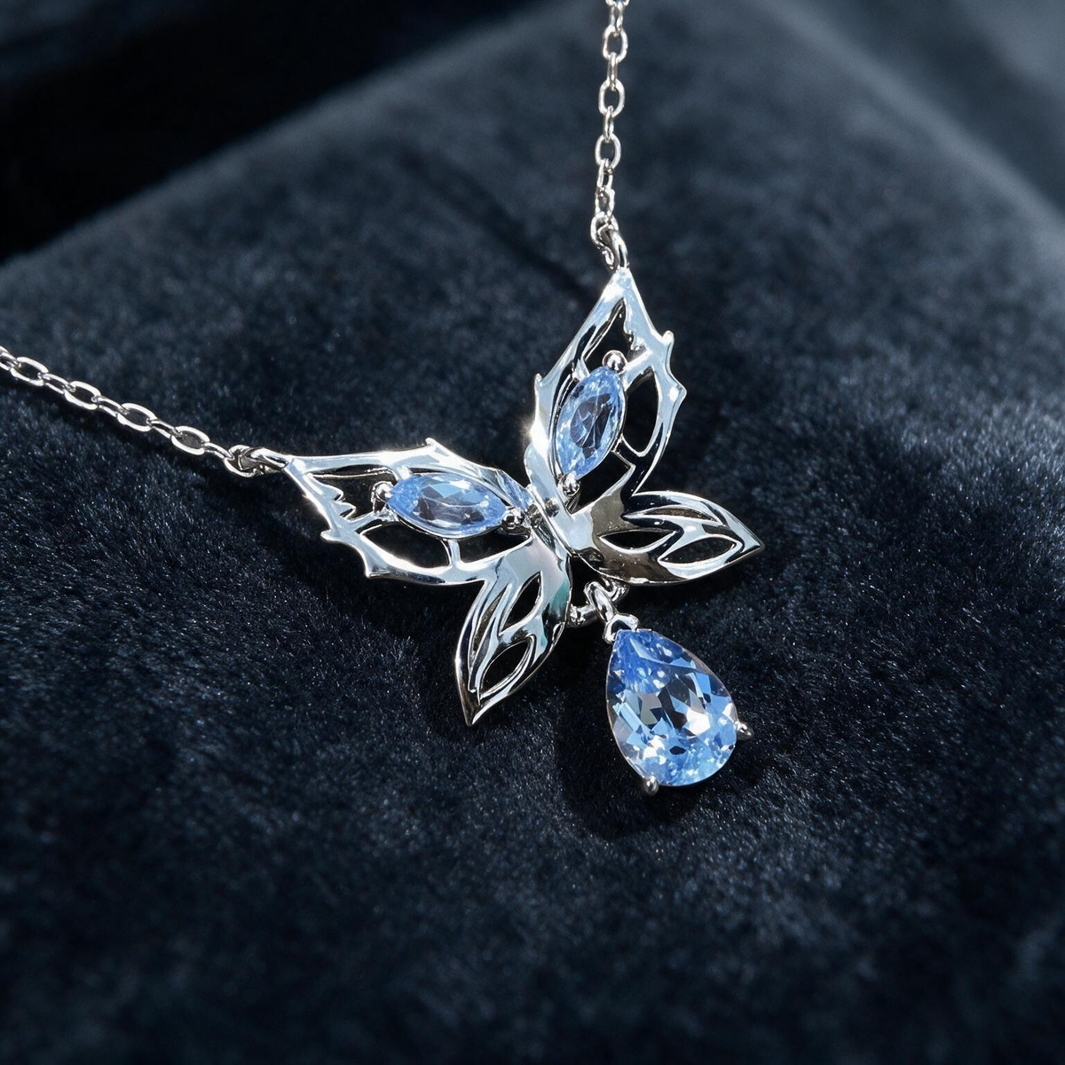 Marquise-shaped aquamarine butterfly necklace, blue minimalist insect jewelry, a gift for her - SpiritualQuiver