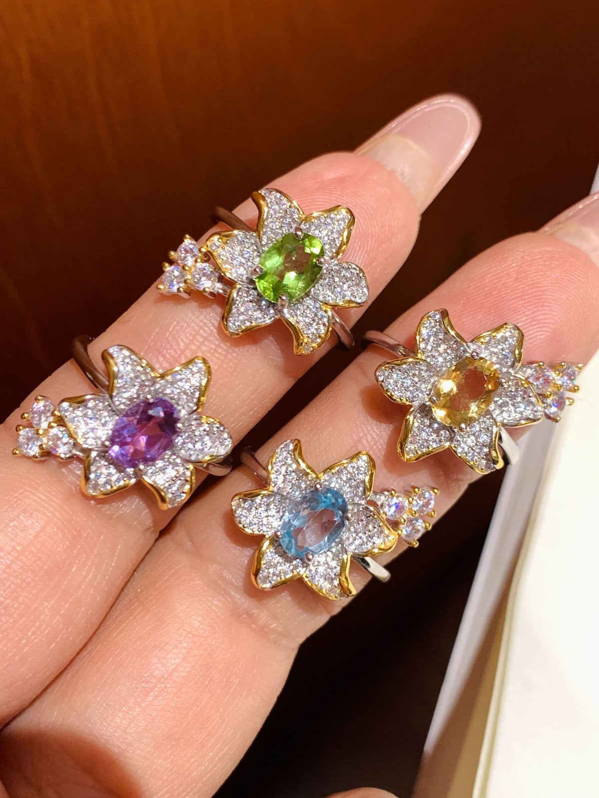 Oval Cut Birthstone Ring - Silver Flower Shaped Natural Crystal Jewelry