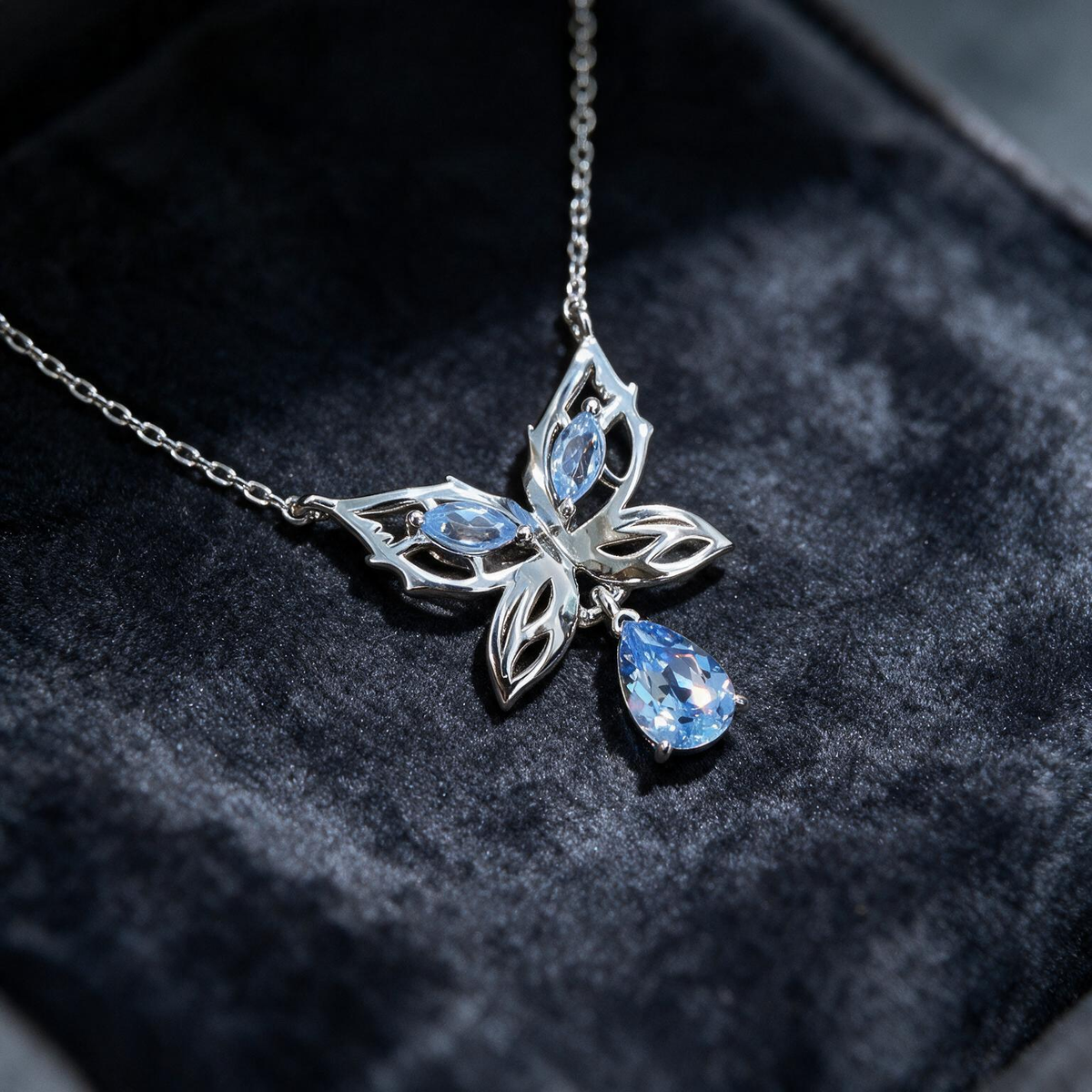 Marquise-shaped aquamarine butterfly necklace, blue minimalist insect jewelry, a gift for her - SpiritualQuiver