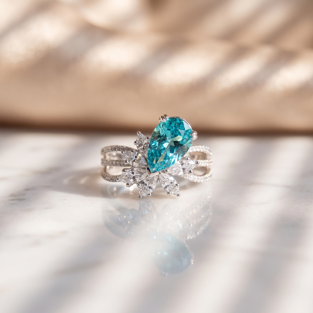 Sterling Silver Floral Vintage Ring with Pear-Cut Tourmaline Gemstone