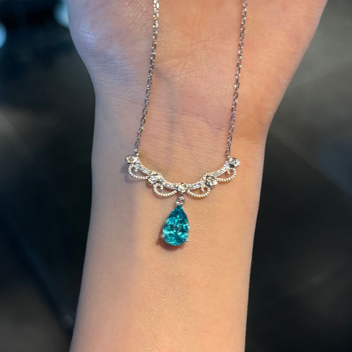 925 Sterling Silver Paraiba Teardrop Necklace - Elegant Edwardian Vintage Style