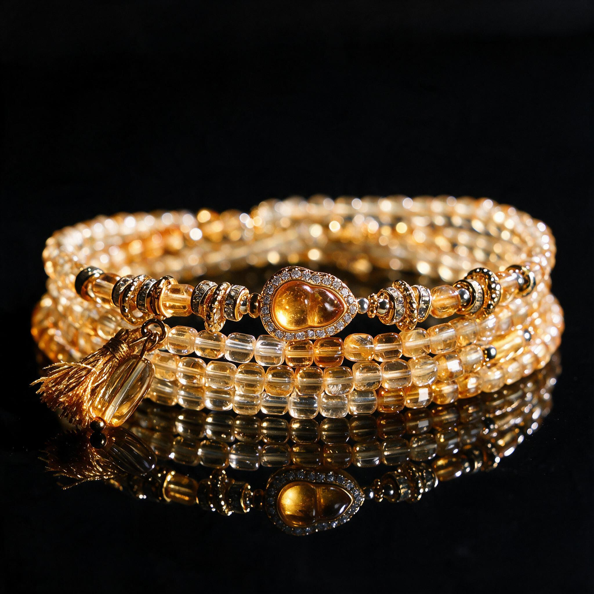 Citrine Crystal Layered Bracelet — Gold Heart Charm & Natural Stone Healing Jewelry