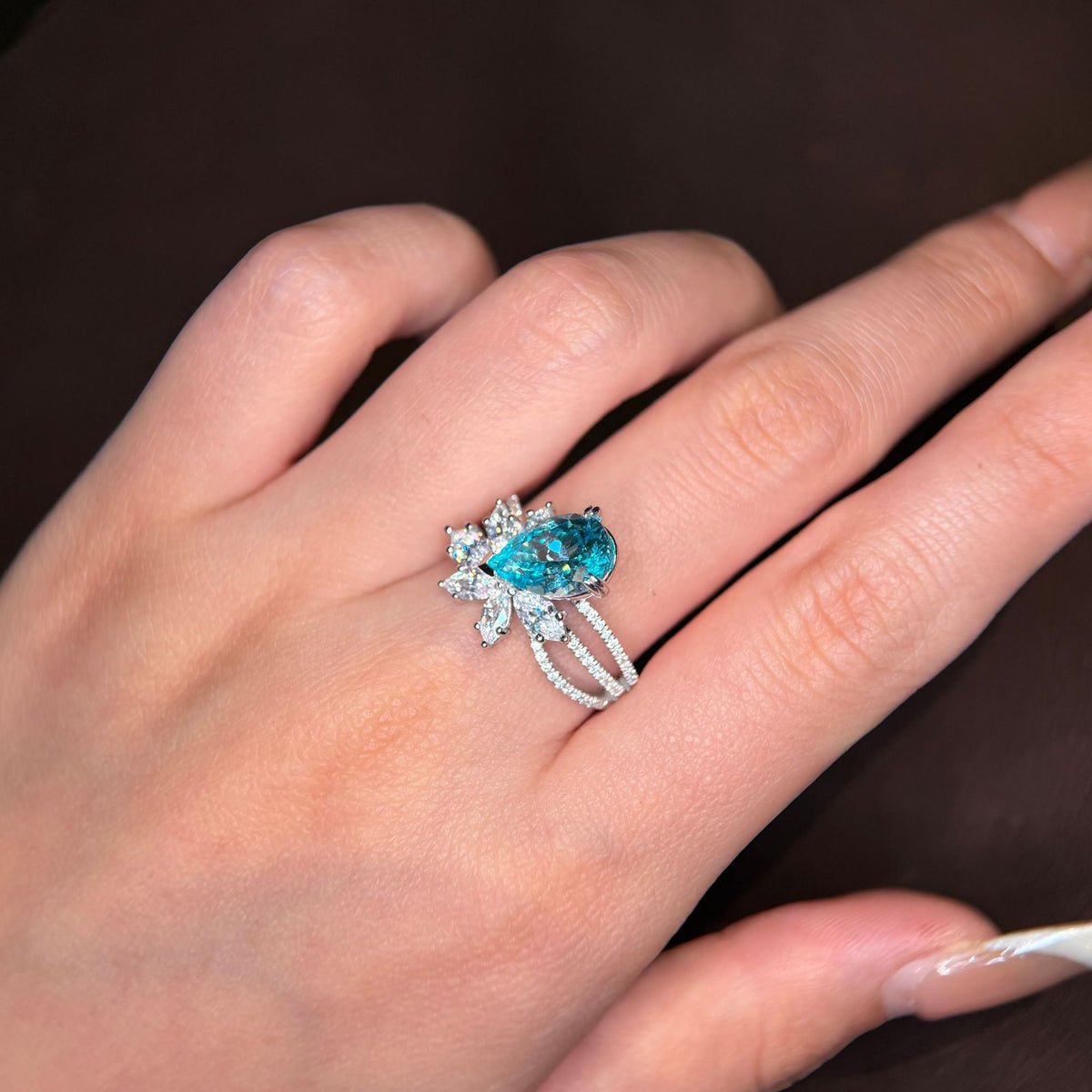 Sterling Silver Floral Vintage Ring with Pear-Cut Tourmaline Gemstone