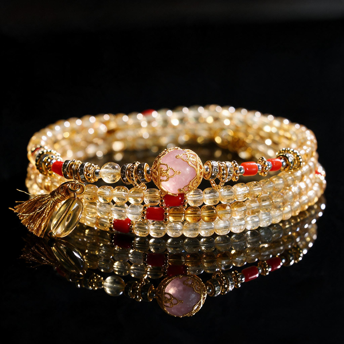 Citrine Crystal Layered Bracelet — Gold Heart Charm & Natural Stone Healing Jewelry