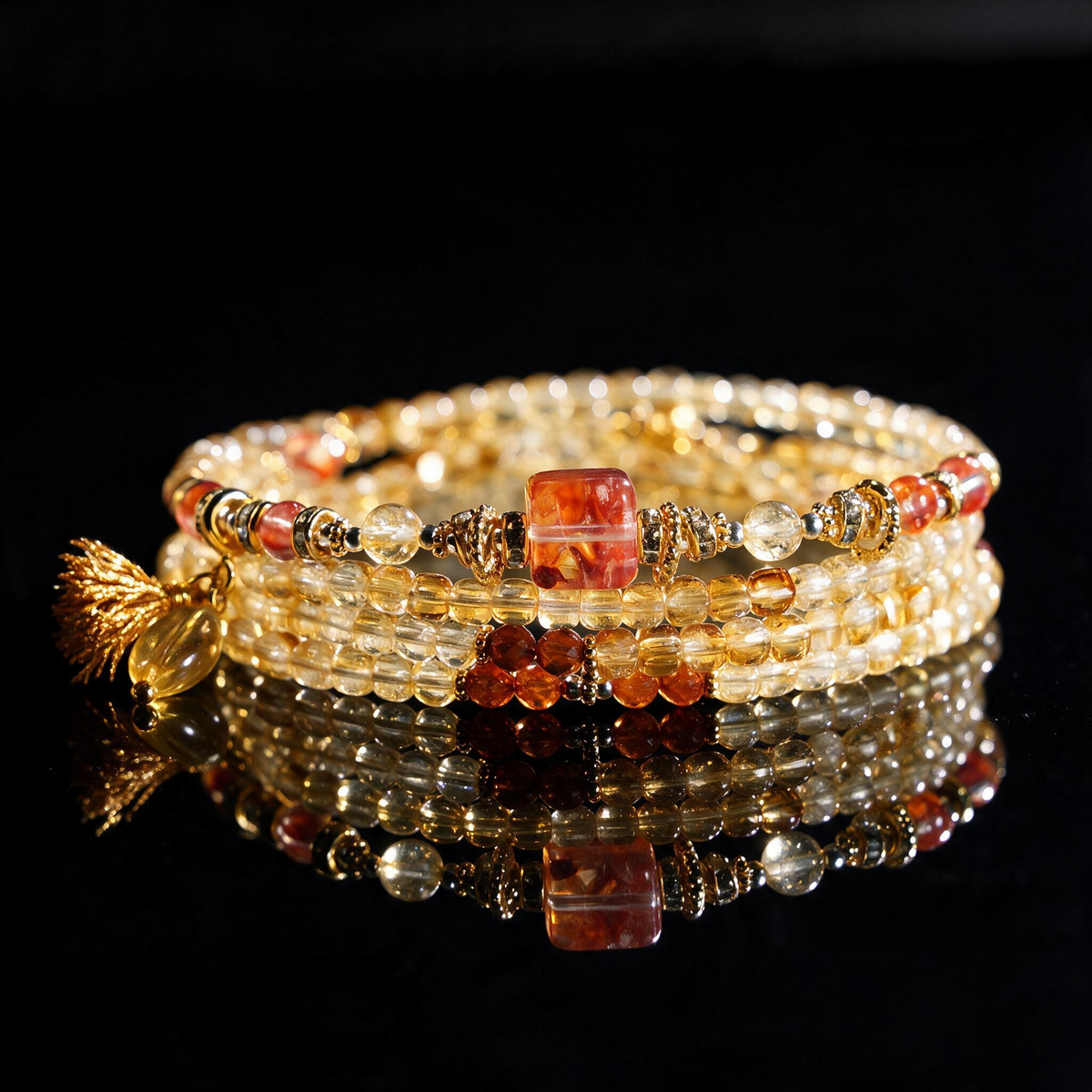 Citrine Crystal Layered Bracelet — Gold Heart Charm & Natural Stone Healing Jewelry