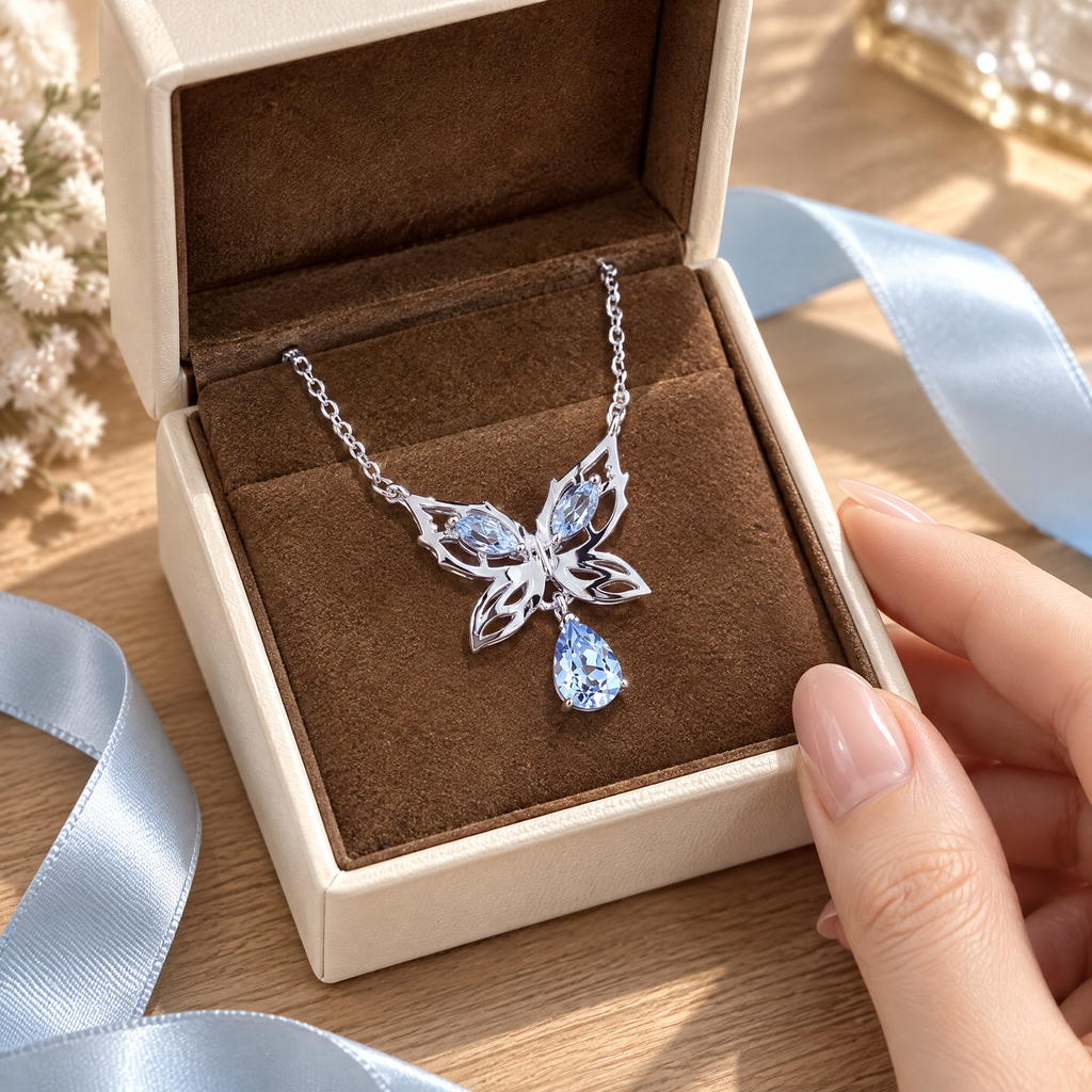 Marquise-shaped aquamarine butterfly necklace, blue minimalist insect jewelry, a gift for her - SpiritualQuiver