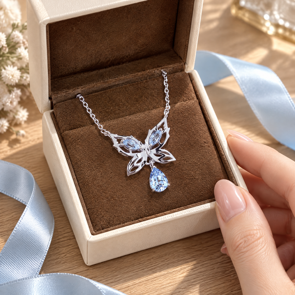 Marquise-shaped aquamarine butterfly necklace, blue minimalist insect jewelry, a gift for her - SpiritualQuiver