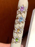 Oval Cut Birthstone Ring - Silver Flower Shaped Natural Crystal Jewelry