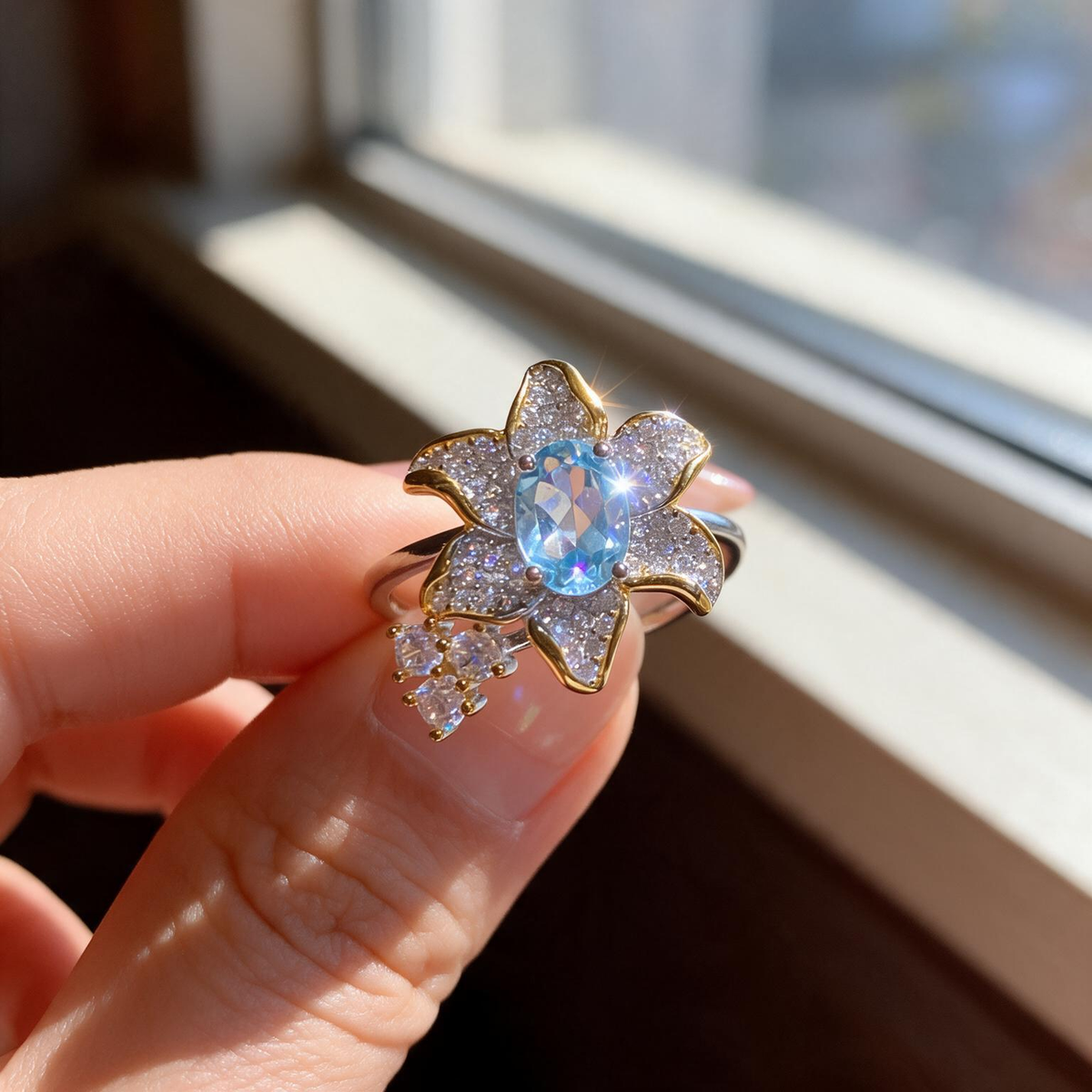 Oval Cut Birthstone Ring - Silver Flower Shaped Natural Crystal Jewelry