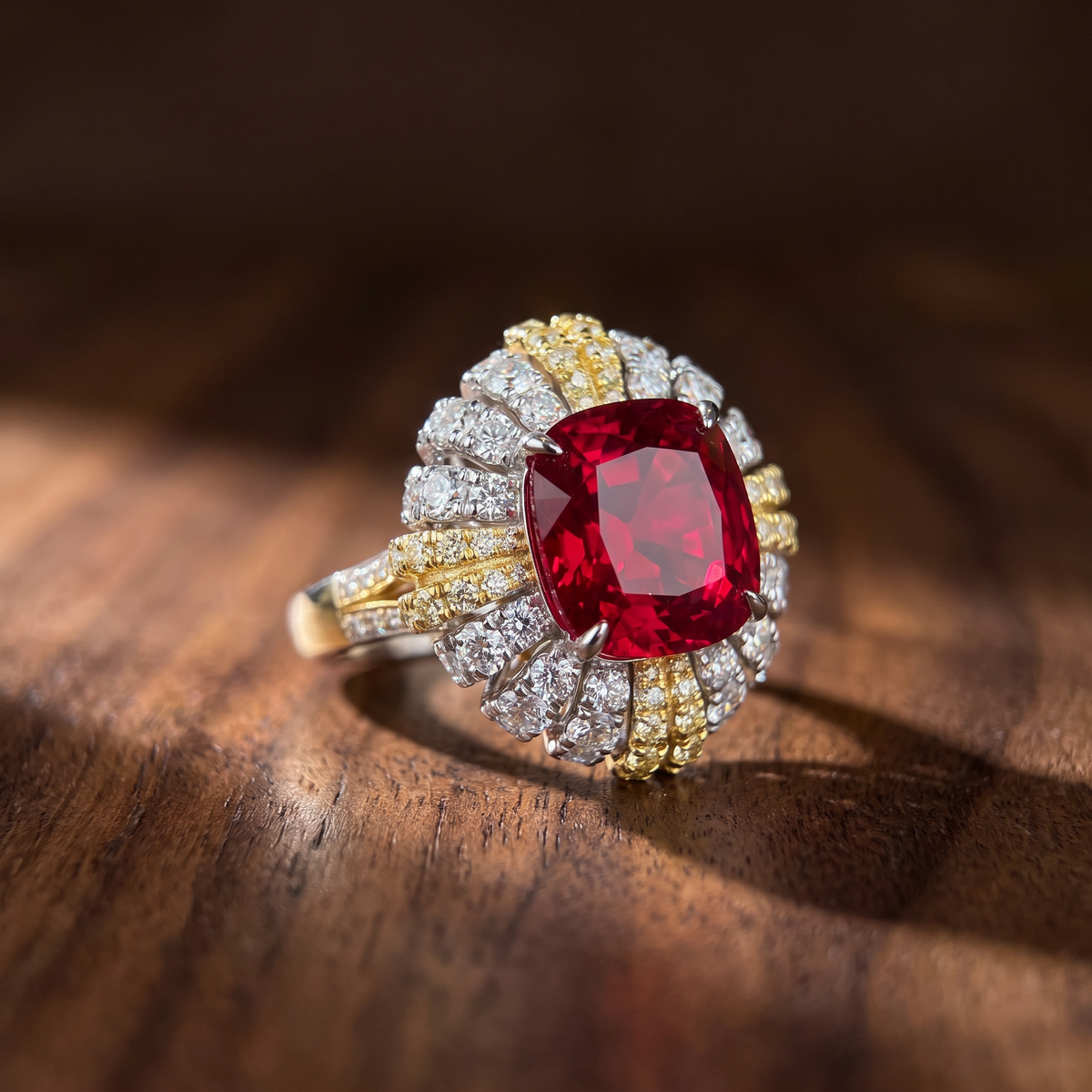 Vintage Art Deco Ruby Ring | Two-Tone Gold & Silver | 10-Carat Cushion Cut Gemstone