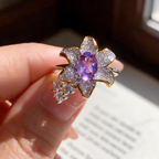 Oval Cut Birthstone Ring - Silver Flower Shaped Natural Crystal Jewelry