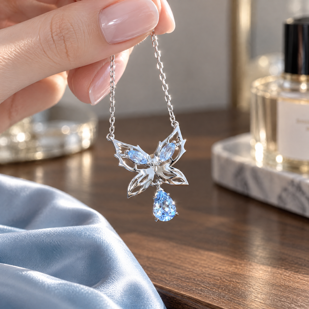 Marquise-shaped aquamarine butterfly necklace, blue minimalist insect jewelry, a gift for her - SpiritualQuiver
