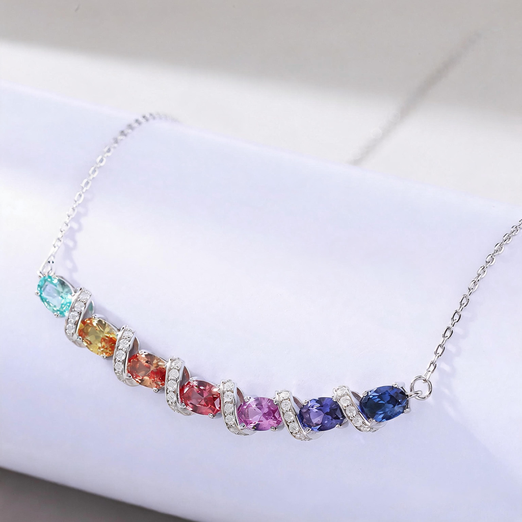 Rainbow Natural Sapphire Oval Cut Pendant Necklace | Multicolor Gradient Moissanite Sterling Silver Gift