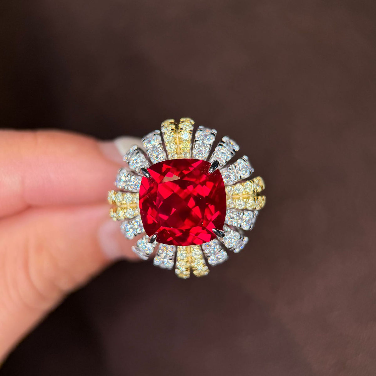 Vintage Art Deco Ruby Ring | Two-Tone Gold & Silver | 10-Carat Cushion Cut Gemstone