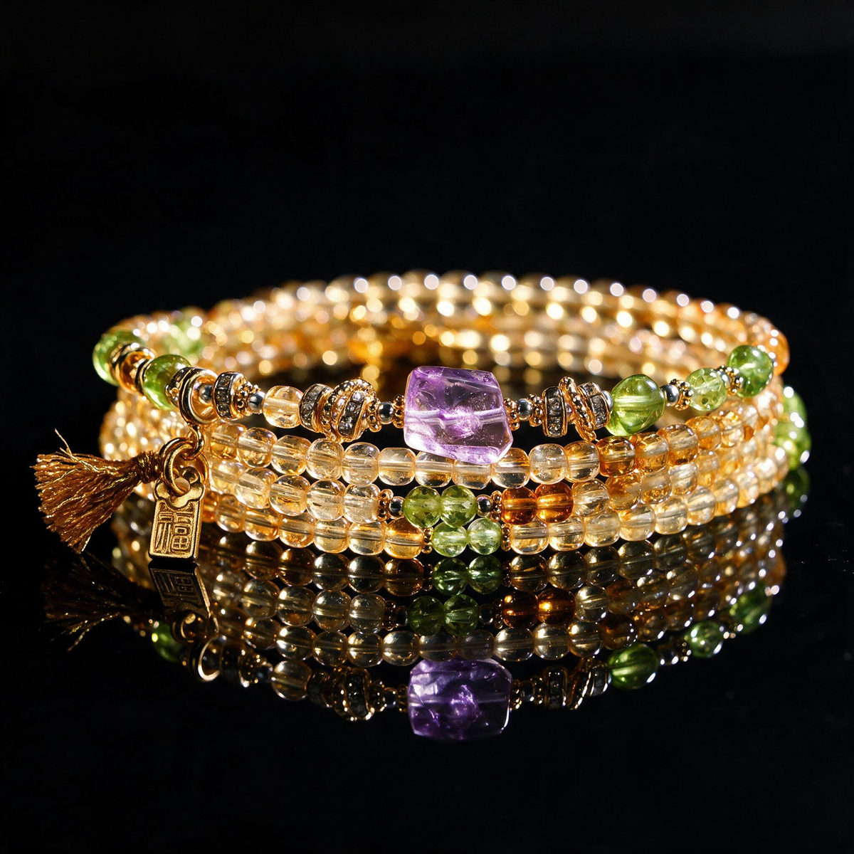 Citrine Crystal Layered Bracelet — Gold Heart Charm & Natural Stone Healing Jewelry