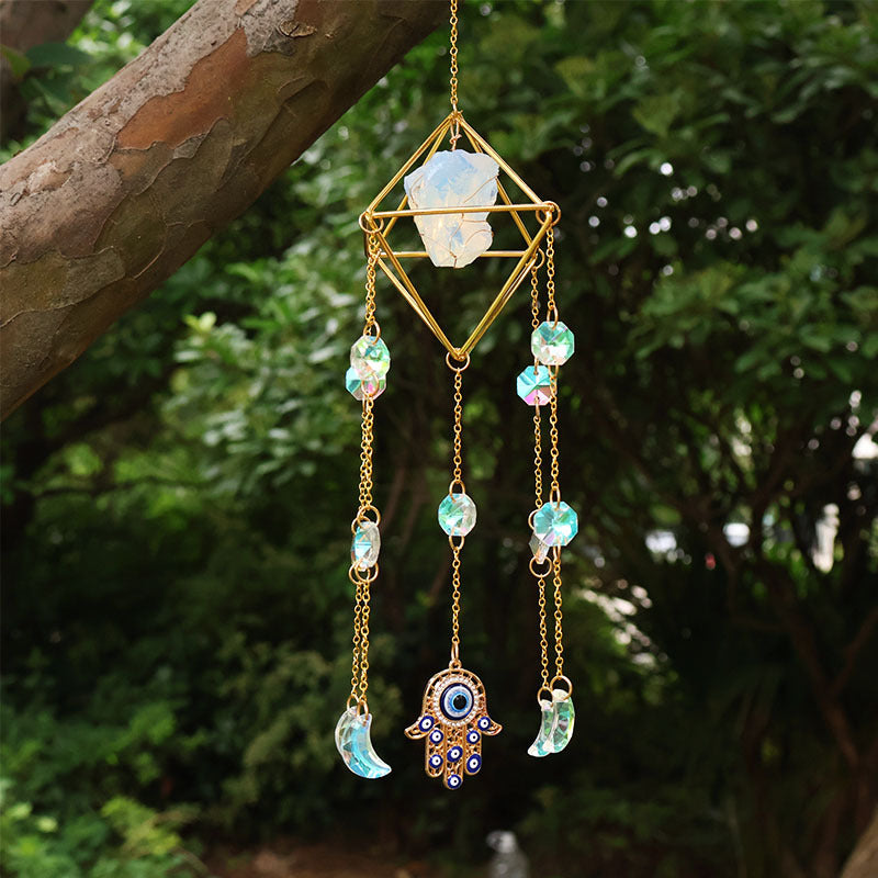 Crystal Suncatcher Rainbow Maker — Hamsa Charm Boho Window Hanging, Spiritual Home Decor Gift