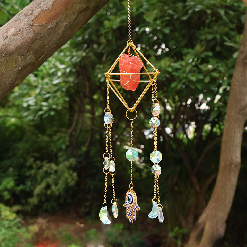 Crystal Suncatcher Rainbow Maker — Hamsa Charm Boho Window Hanging, Spiritual Home Decor Gift